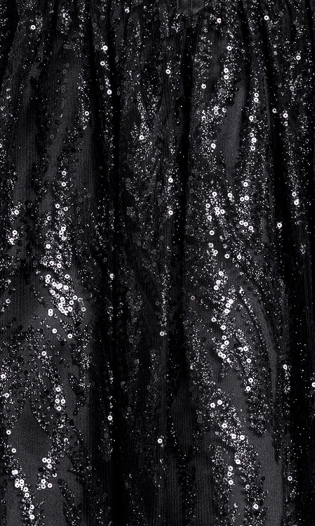 Close-up of black fabric from the Mini Black Beaded Hoco Dress: Blondie Nites 6306BN, featuring shiny sequins in swirling patterns.